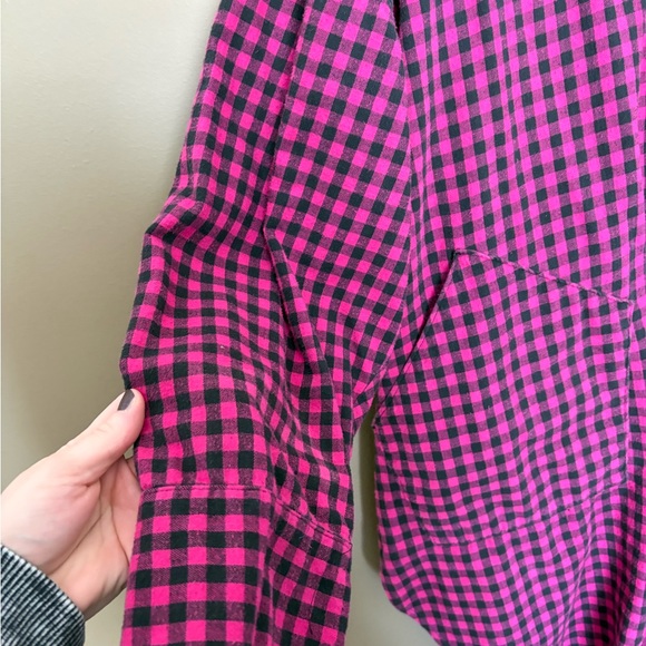 Vintage Oversized Pink Black Flannel Button Down Pocket Top Retro Grunge 2X - Picture 5 of 11